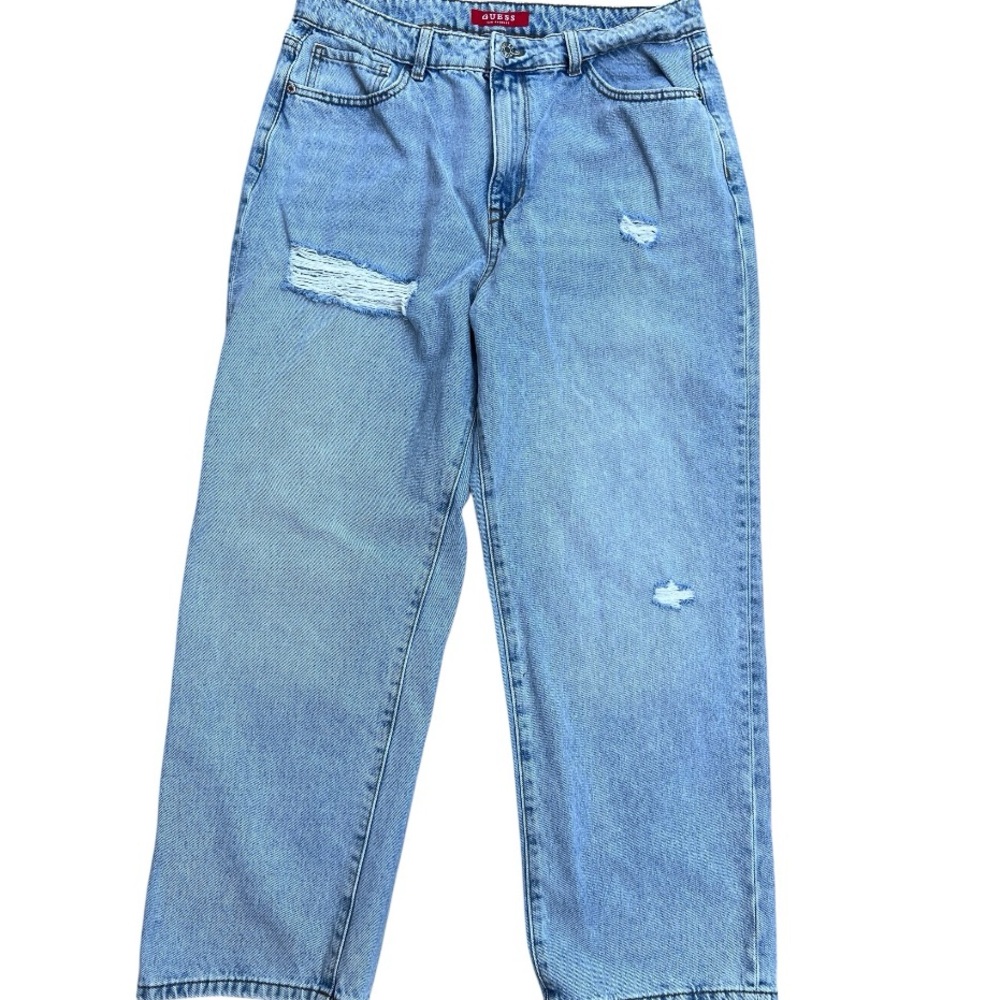 GUESS Los‎ Angeles High Waisted Distressed straight Leg Light Wash Blue Size 32